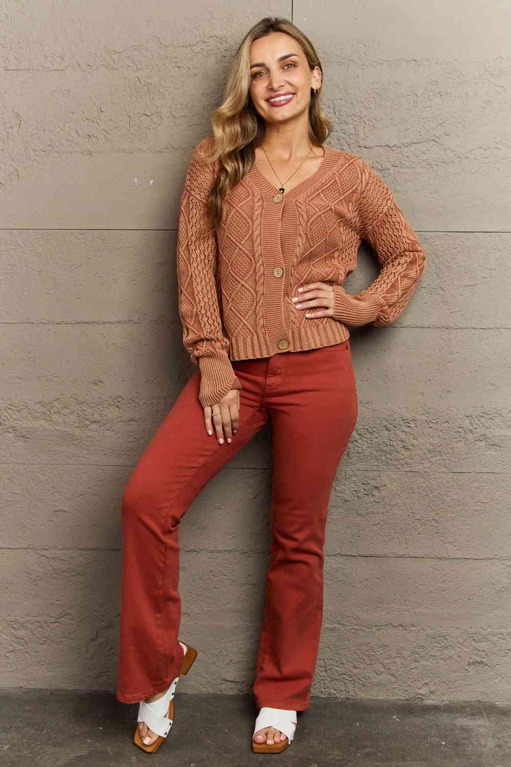 Orangey Red Cable Knit Cardigan